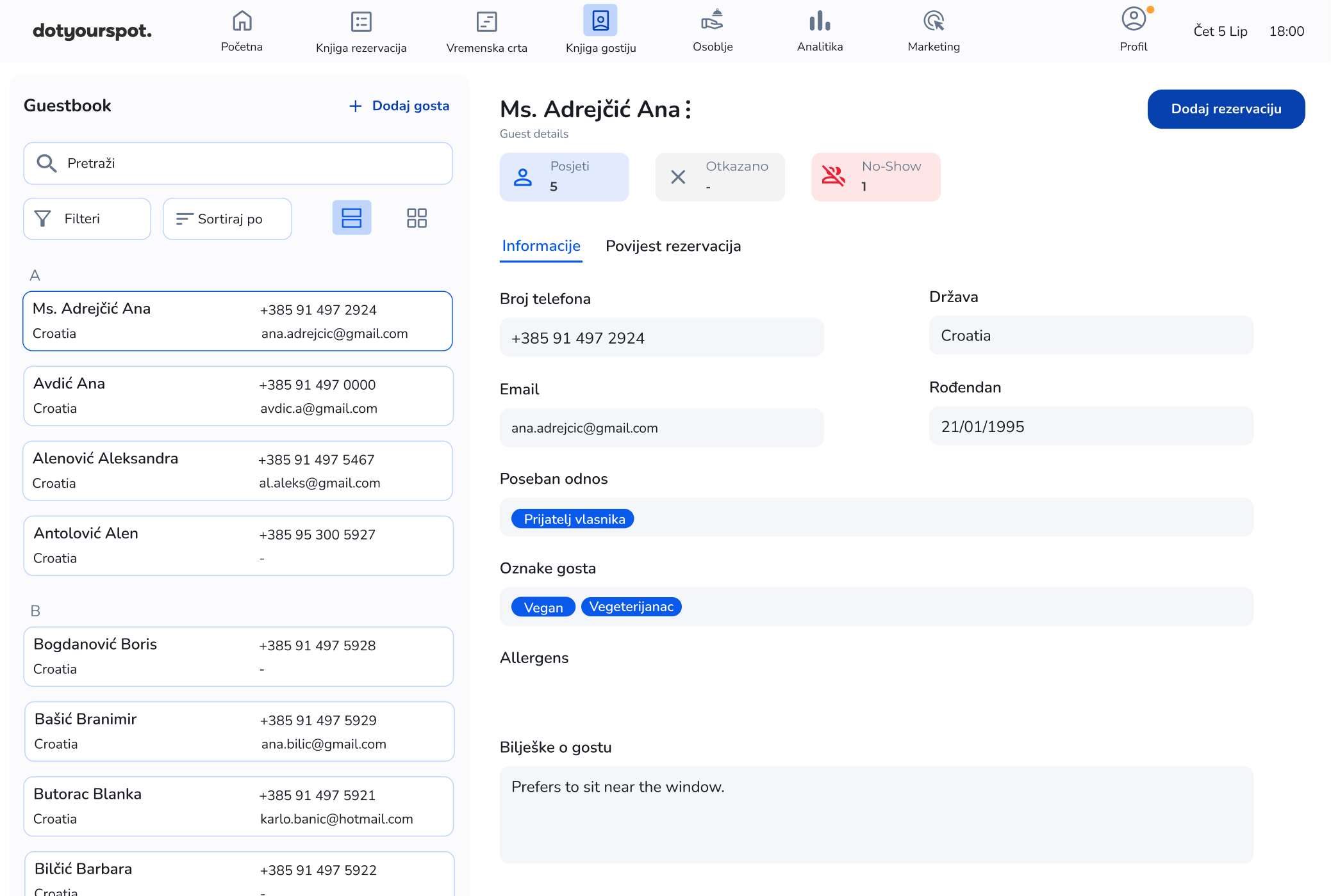 Knjiga gostiju na sustavu za upravljanje rezervacija dotyourspot business